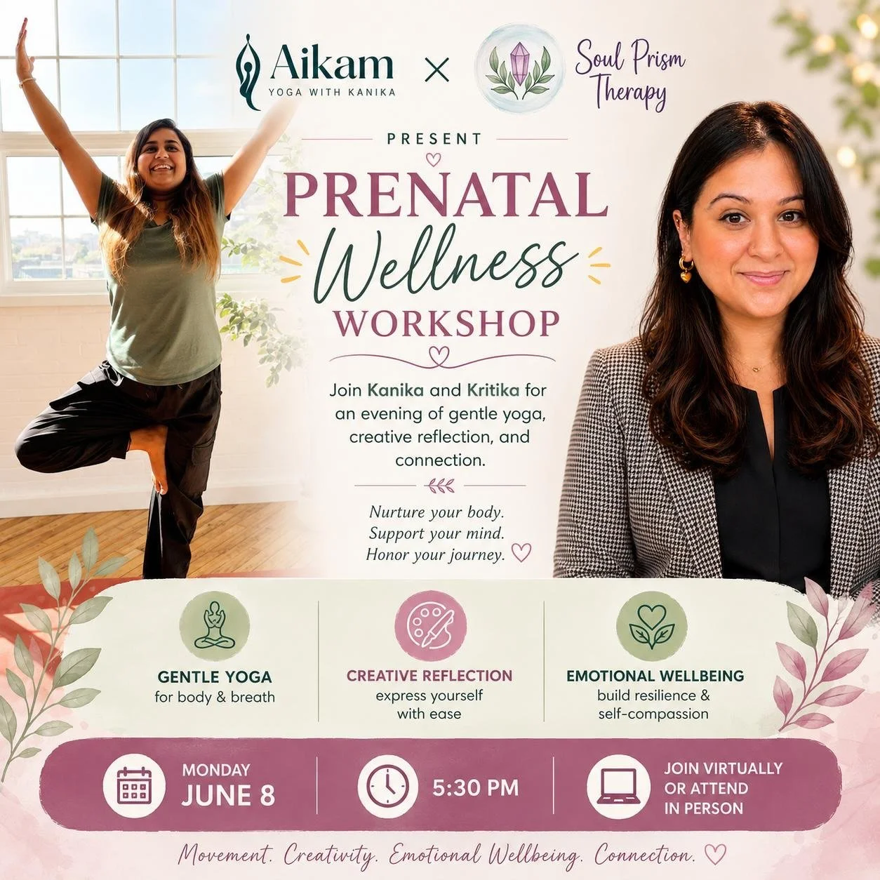 A special collaboration between Aikam Yoga and Soul Prism Therapy

Pregnancy can bring excitement, hope, uncertainty, change, and everything in between.

Join us for a gentle and supportive evening that brings together movement, creativity, and emoti