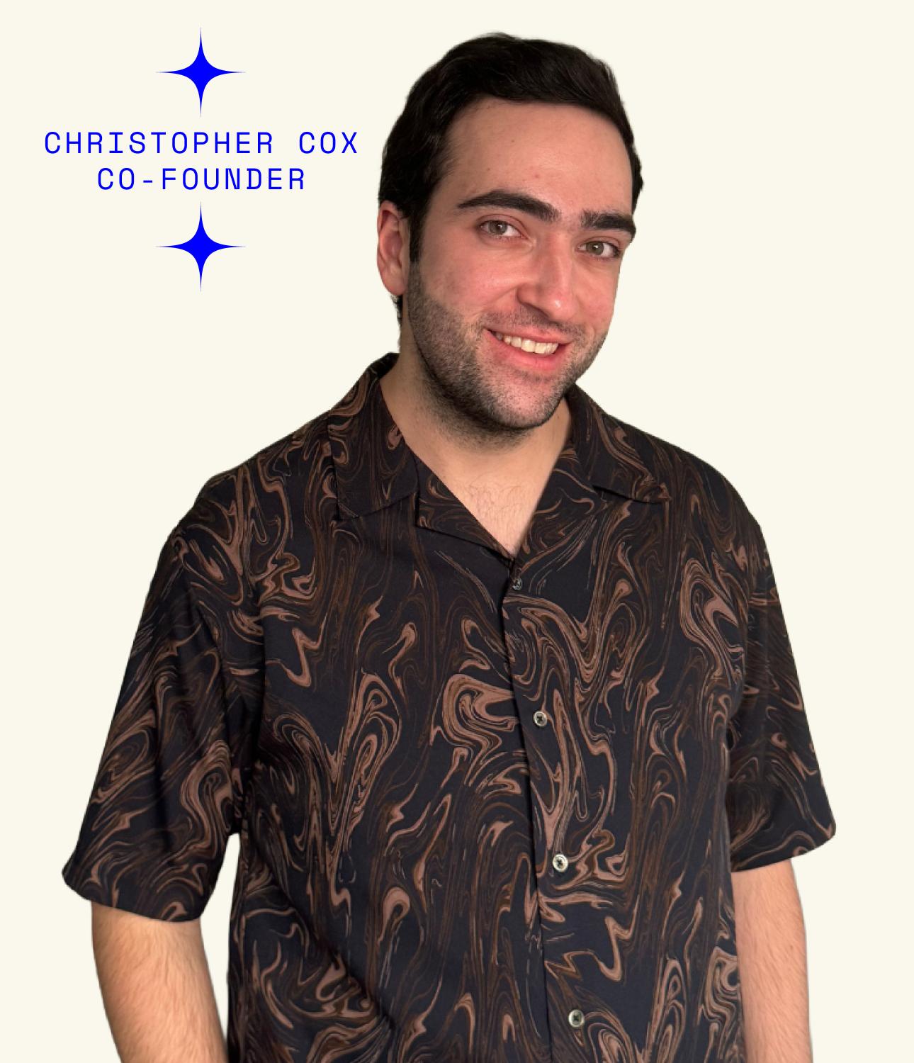 A man with dark hair and a beard wearing a black shirt with a brown swirling pattern, smiling at the camera with a plain light background and text that reads 'Christopher Cox Co-Founder' with two blue star icons.