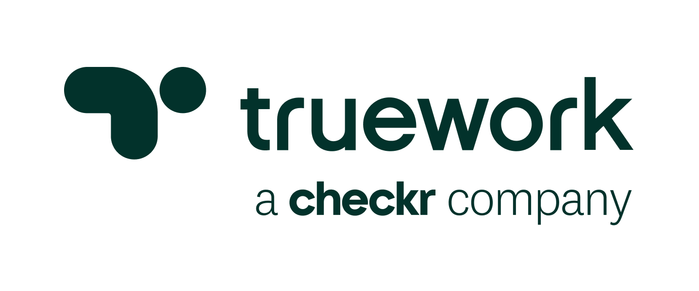 Logo of Truework with the tagline 'a checkr company' and an abstract icon resembling a checkmark or conversation bubble.