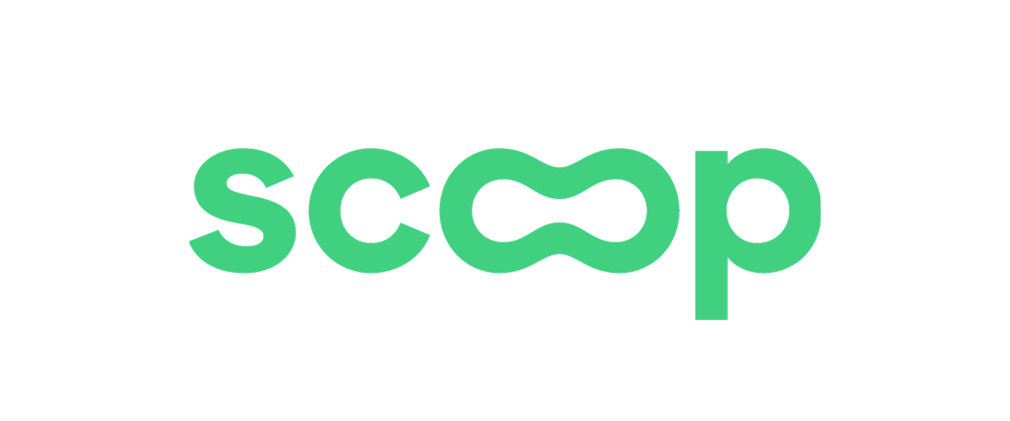 Scoop logo with stylized green interconnected 'oo' in black text.