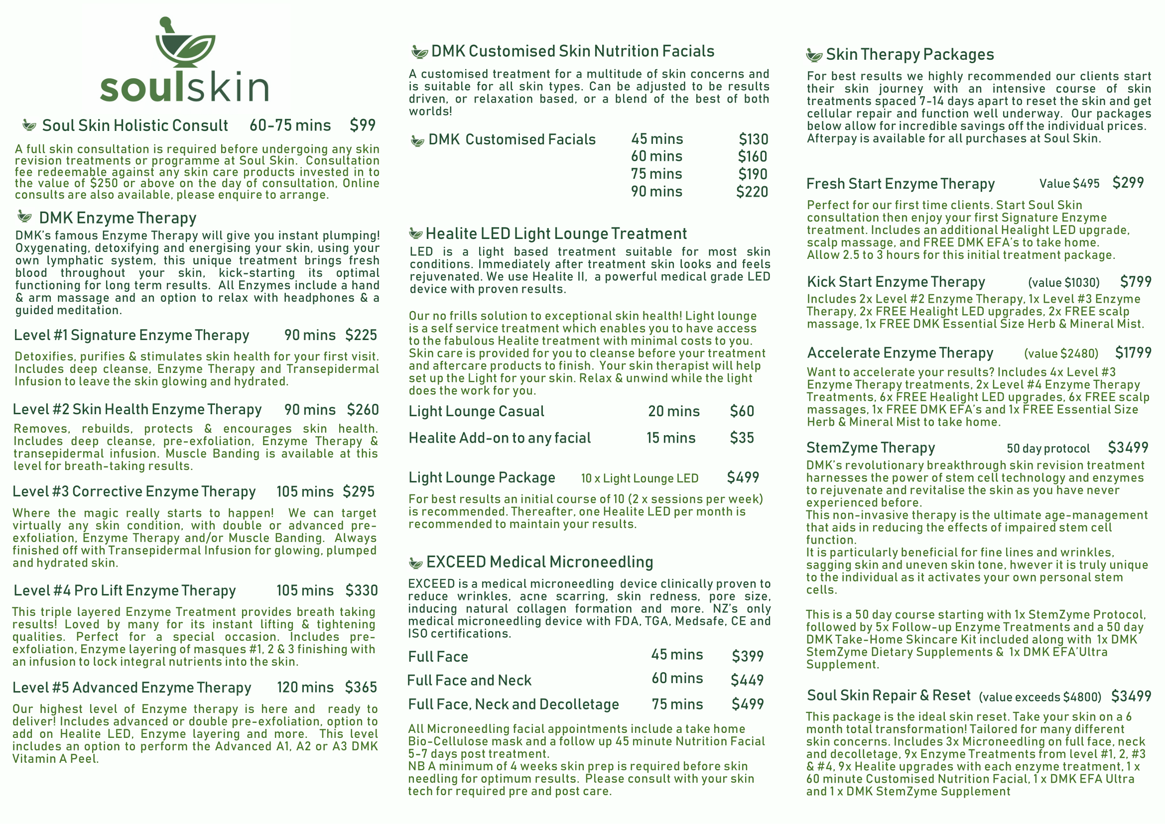 Brochure for Soul Skin services, including consultations, enzyme therapy, LED light treatment, microneedling, and skin therapy packages. Pricing and session durations are specified for various treatments.