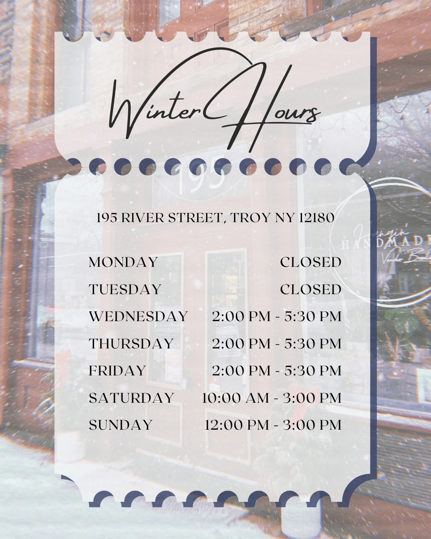 As we move through the winter season, we&rsquo;ll have adjusted winter hours until the start of April. ☃️
We appreciate your continued support and look forward to spring with you! 🌼🌷
