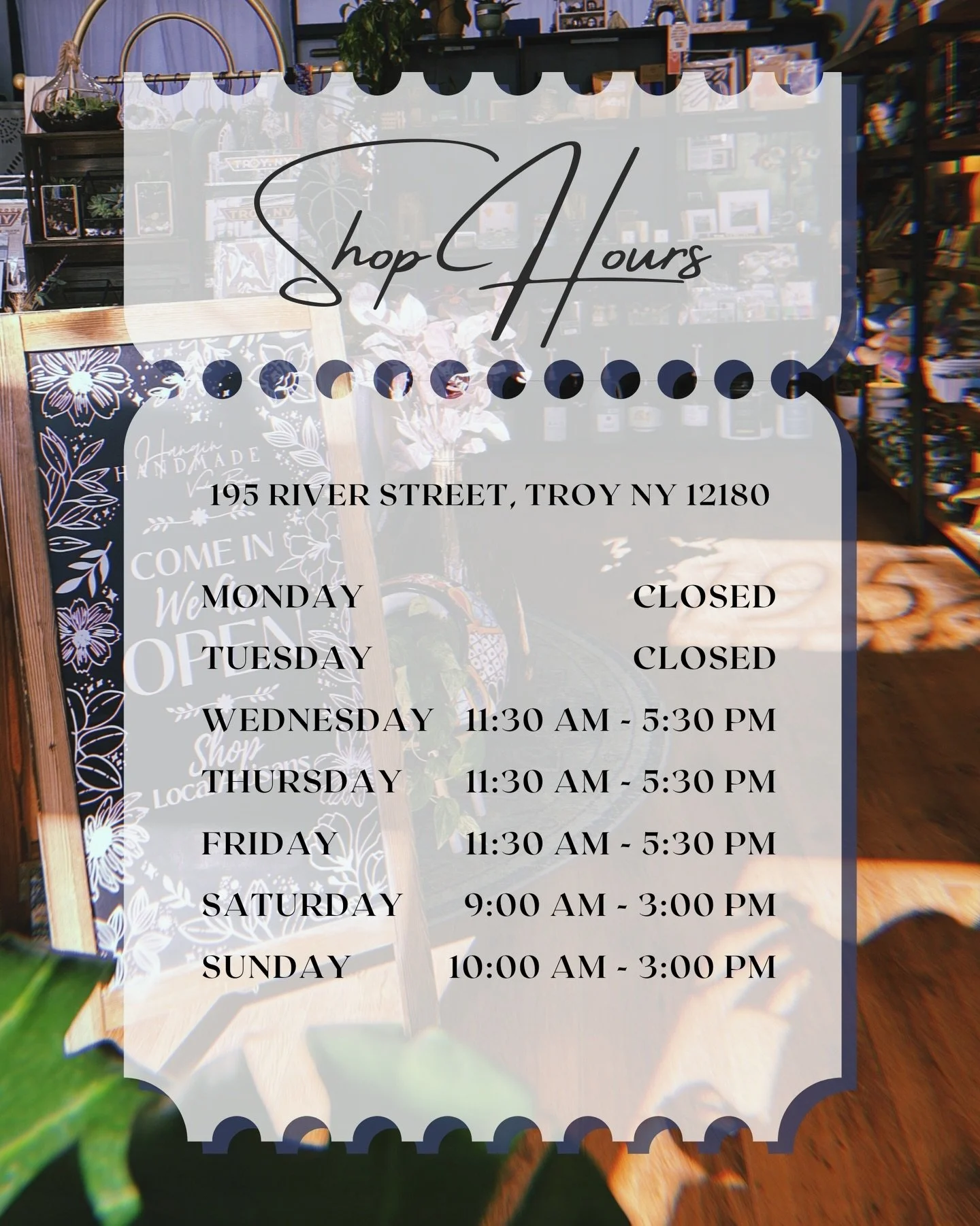 Winter hours are finally over! Starting today the shop will be open Wednesday-Friday 11:30am-5:30pm, Saturday 9am-3pm &amp; Sunday 10am-3pm. Stop in and check out our latest additions! 💖✨