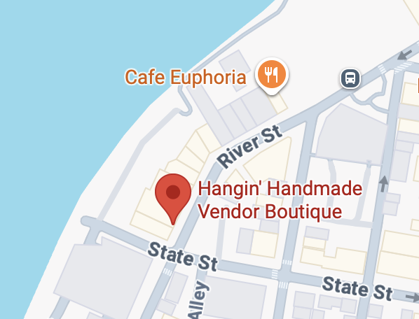 Map showing location of Hangin' Handmade Vendor Boutique at the intersection of State Street and Alley, near River Street and Cafe Euphoria.