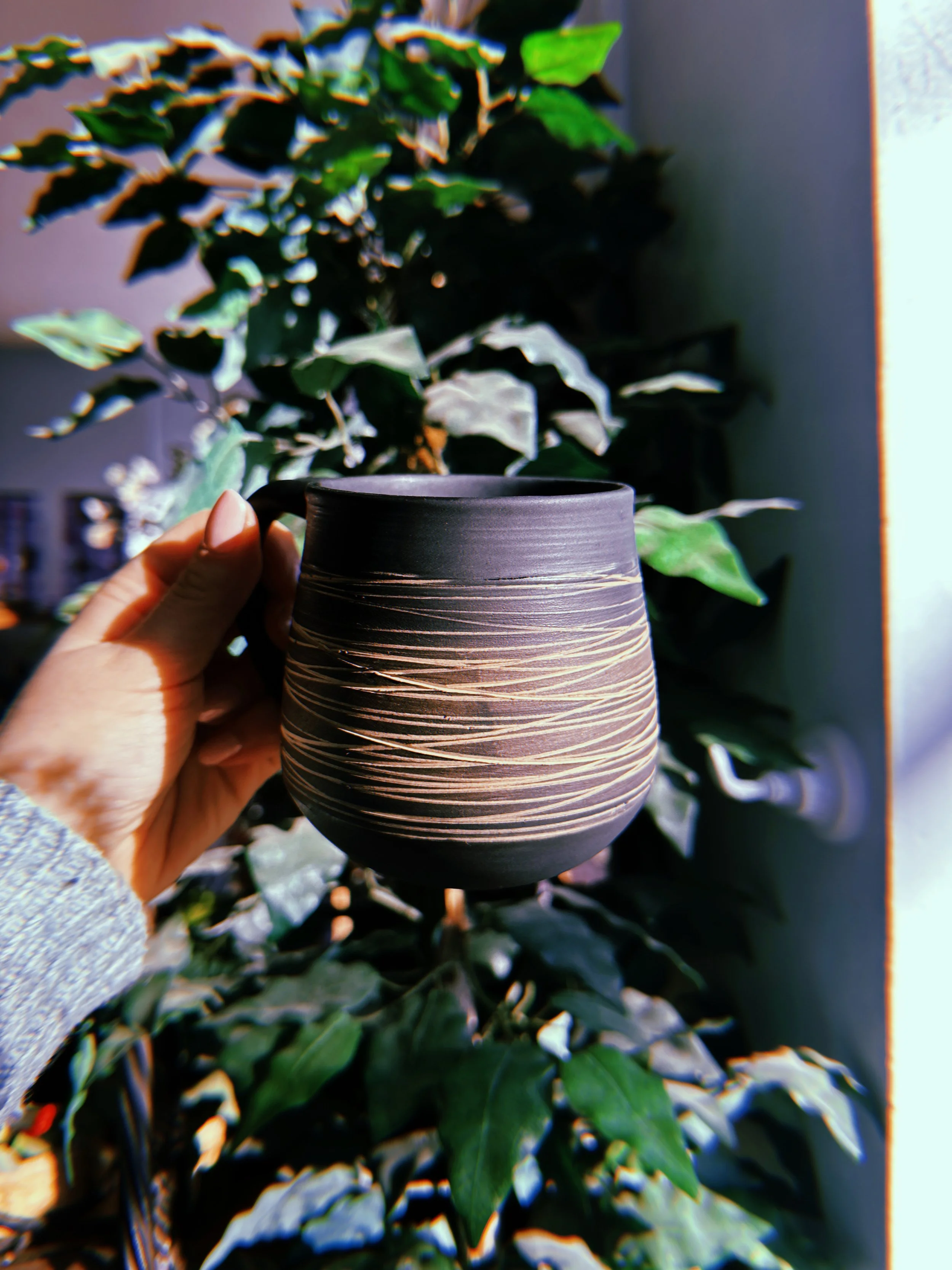 Hand holding a black ceramic mug with tan swirl patterns, set in front of green leafy plants and a window with sunlight.