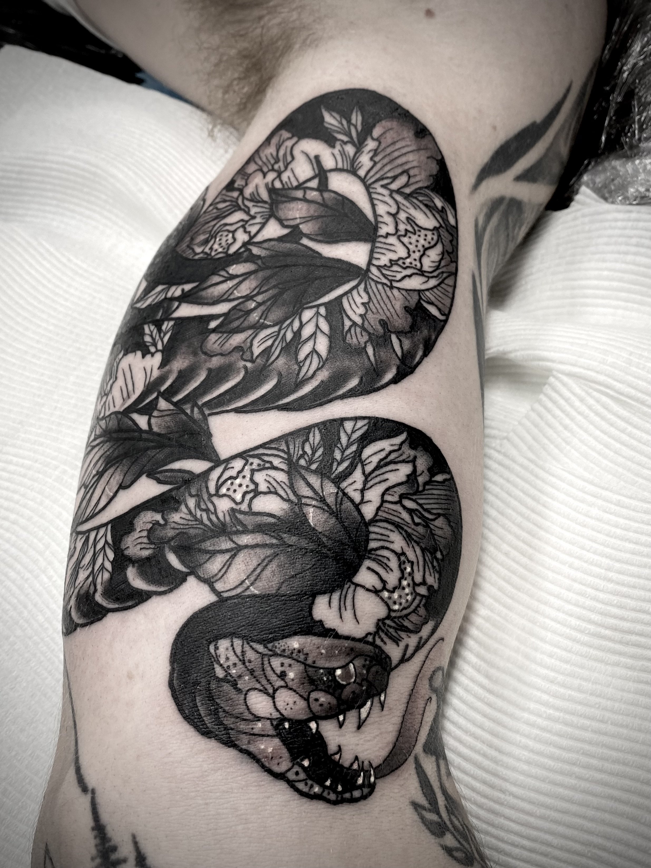 Snake floral tattoo brisbane black grey