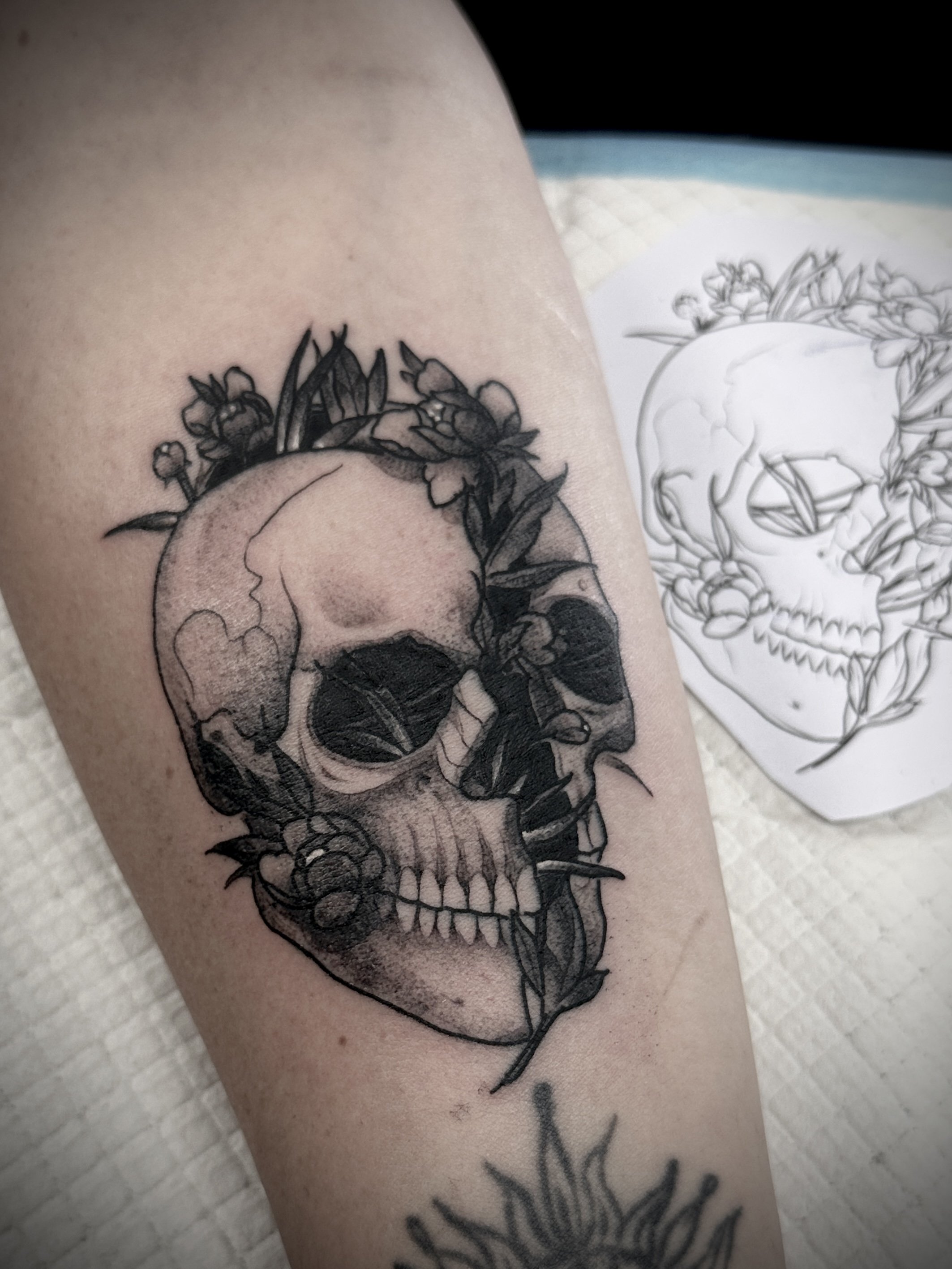 Skull floral dotwork tattoo brisbane black ink