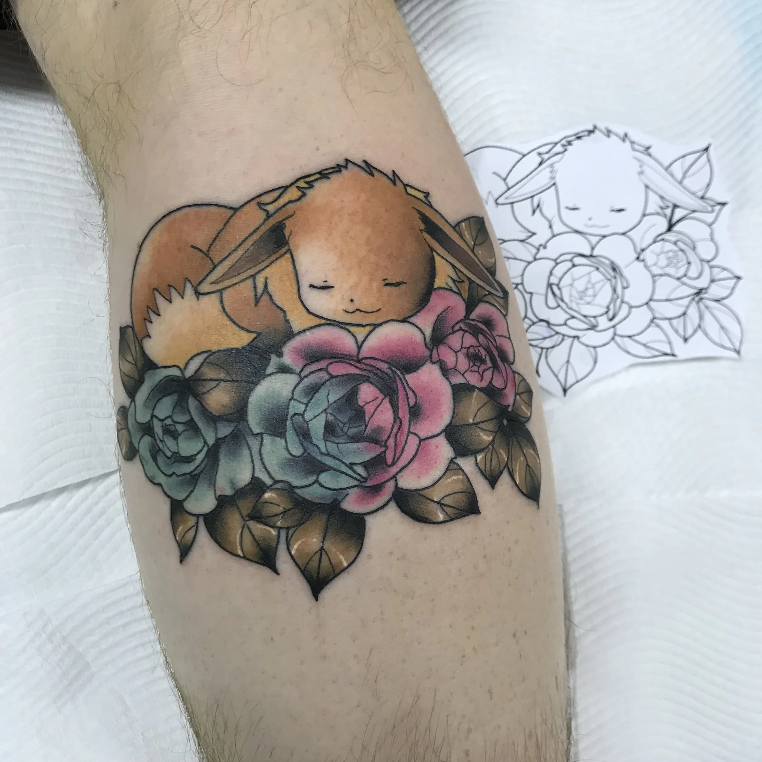 Eevee pokemon floral tattoo brisbane pop culture gaming 