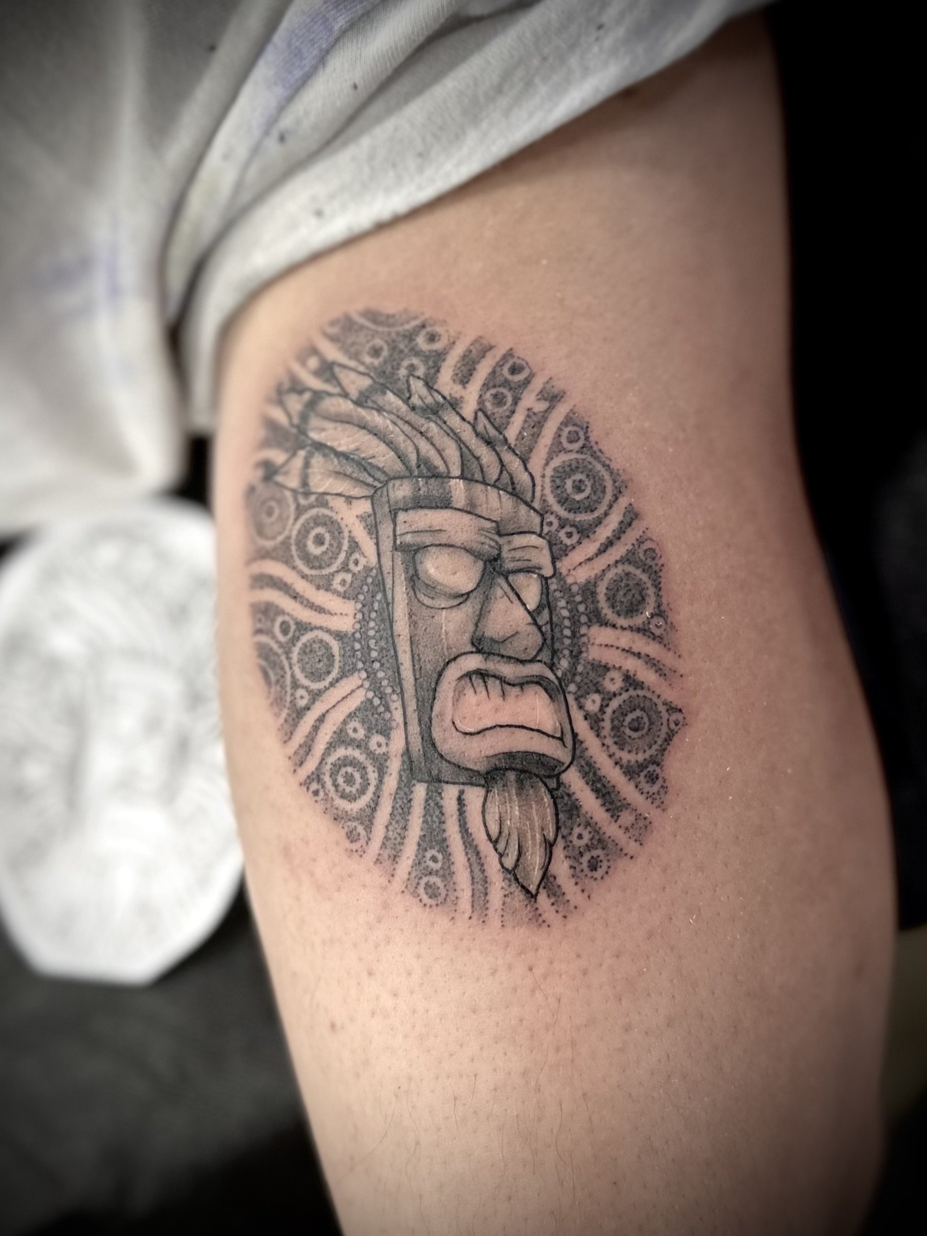 Aku aku dotwork tattoo brisbane pop culture gaming