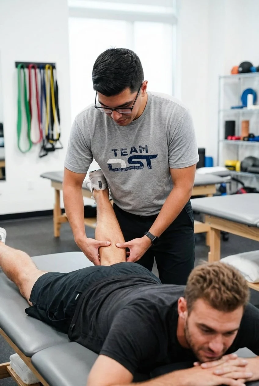 Runner receiving manual therapy treatment at a performance clinic in Tomball