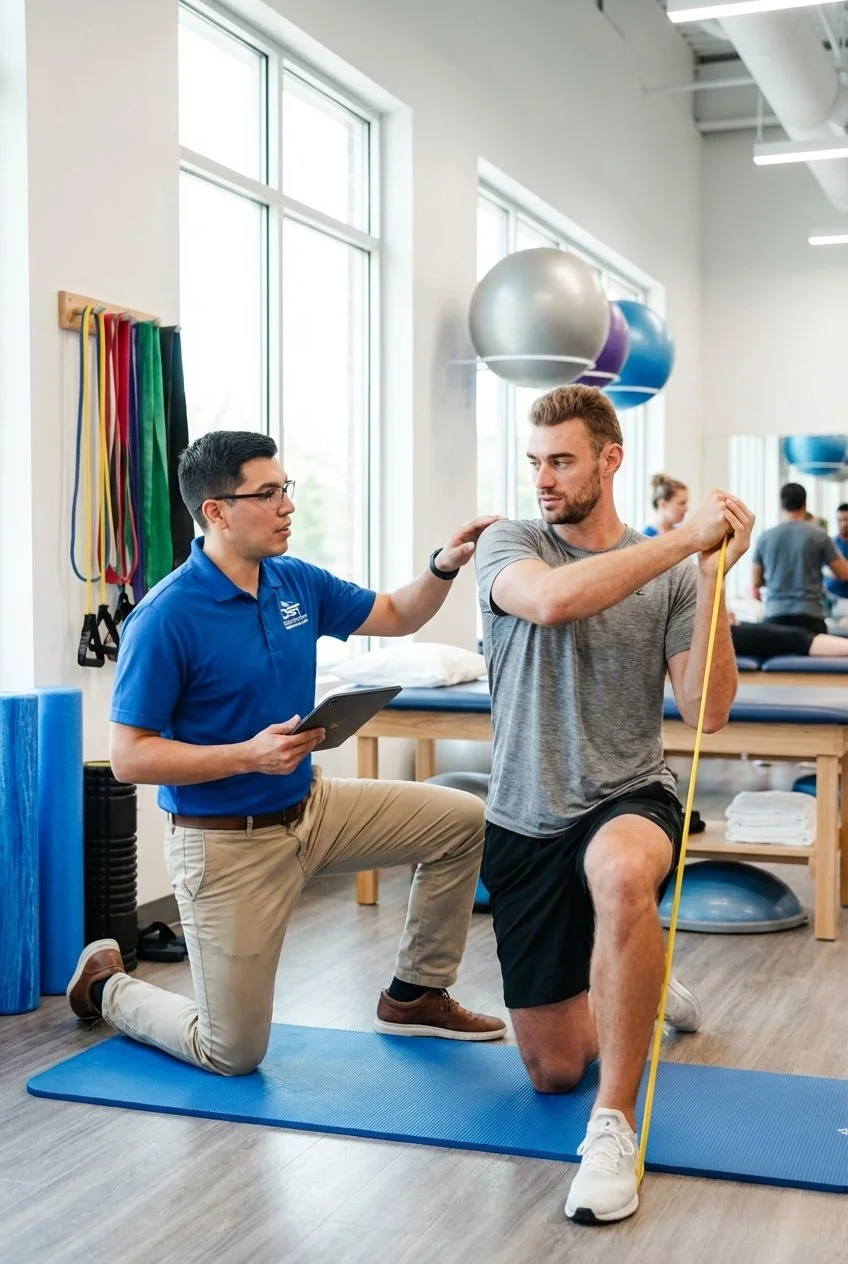 Patient working with a provider at a sports physical therapy clinic in Tomball