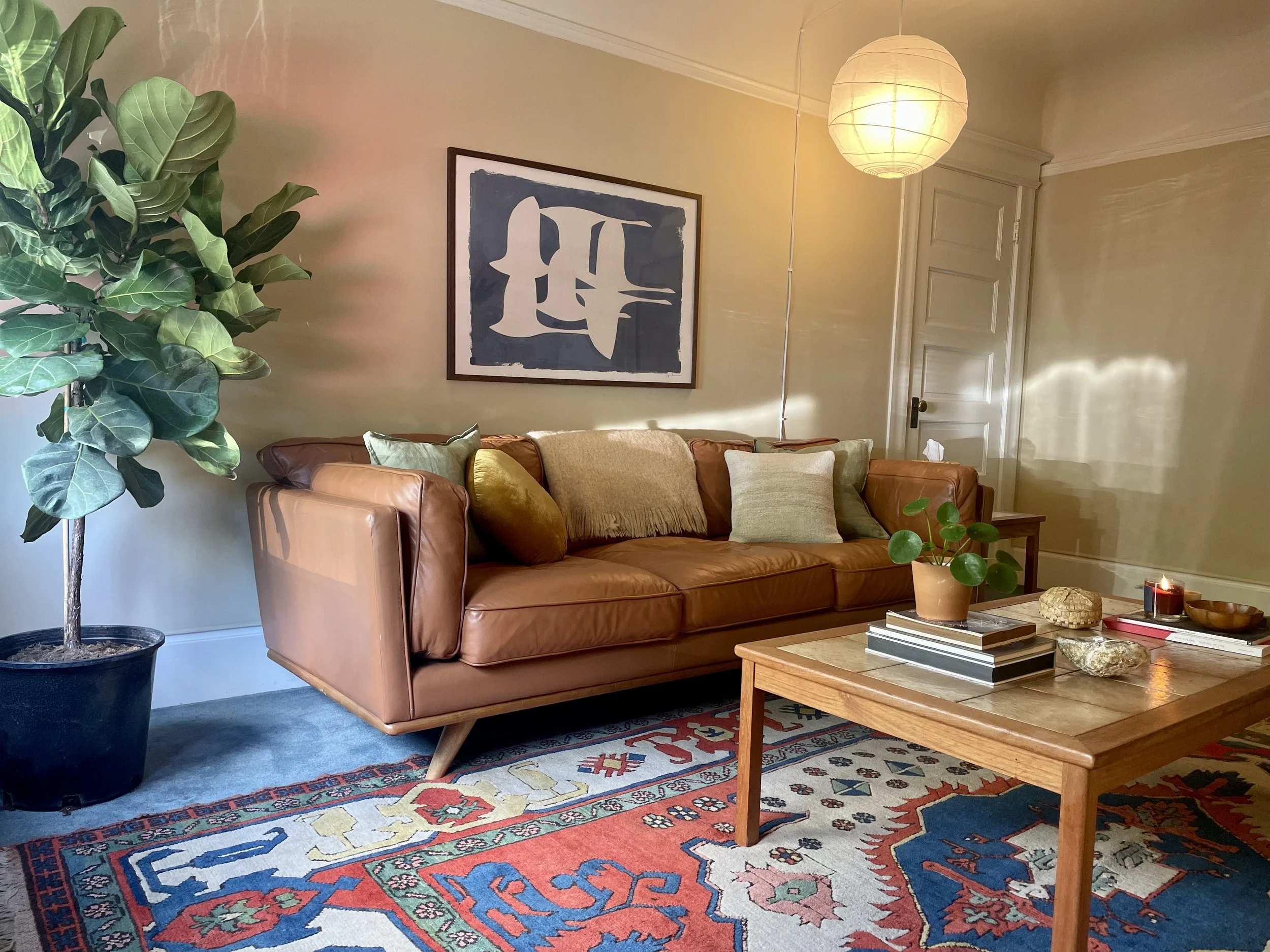 Comfortable and welcoming therapy room at Lauren King Therapy counseling office in Oakland, CA.