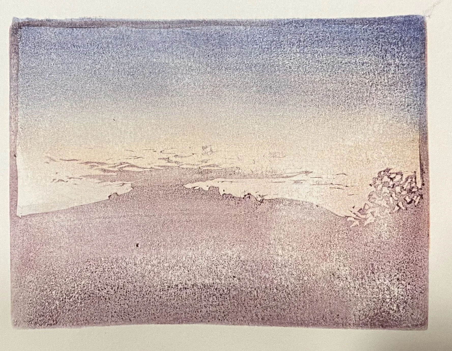 First two layers of a reduction print of hills in Calabasas