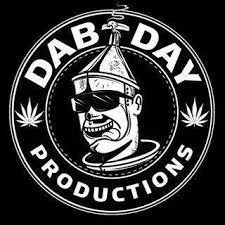 A circular logo with the text 'Dab Day Productions' surrounding a cartoon character wearing sunglasses, a machine gun-shaped hat, and smoking a joint, with marijuana leaf icons on either side.