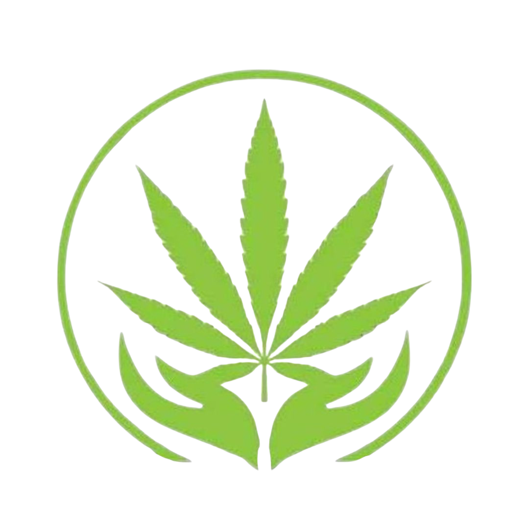 Green cannabis leaf inside a circular green border with two hands underneath, symbolizing care for cannabis plants.