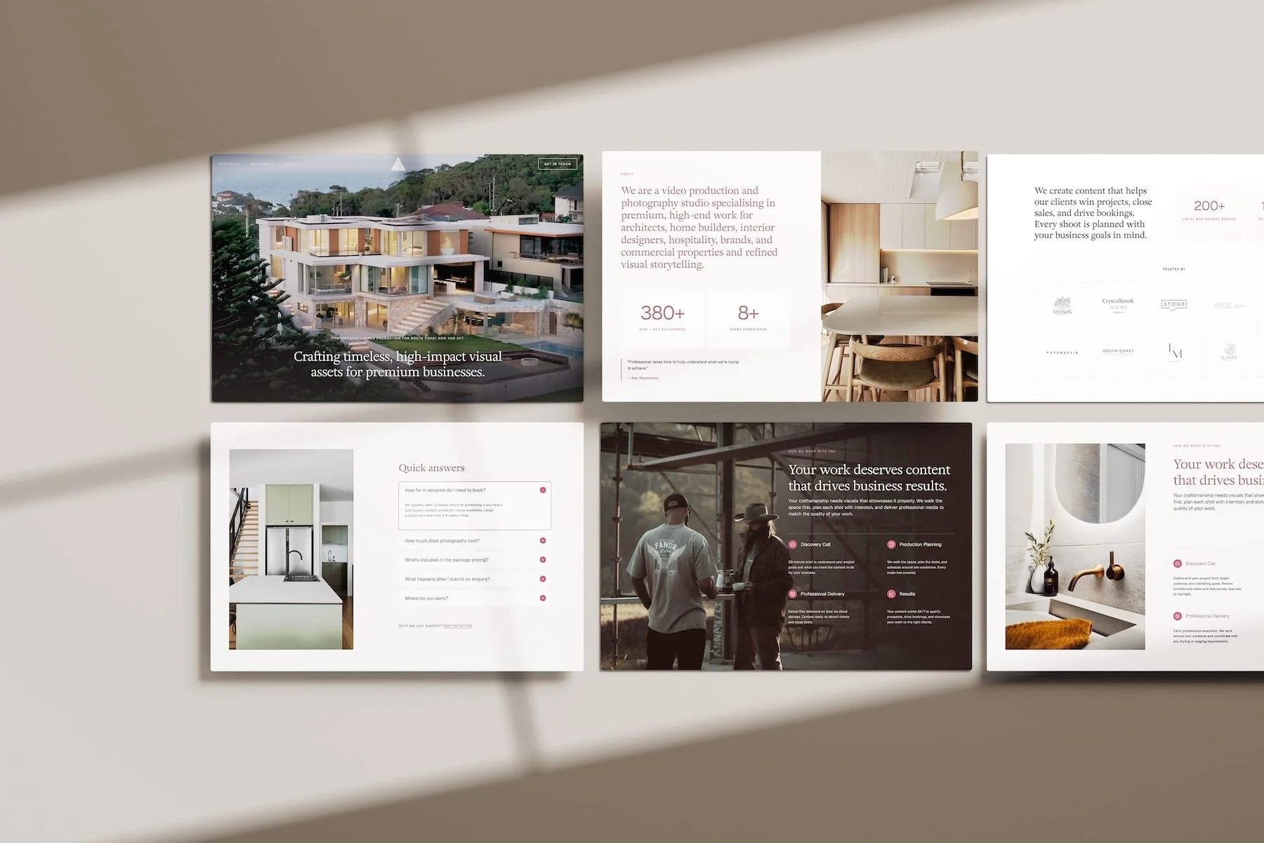 Website section layouts for GCC Visuals - commercial, architectural and brand photography and videography, showcasing imagery and services