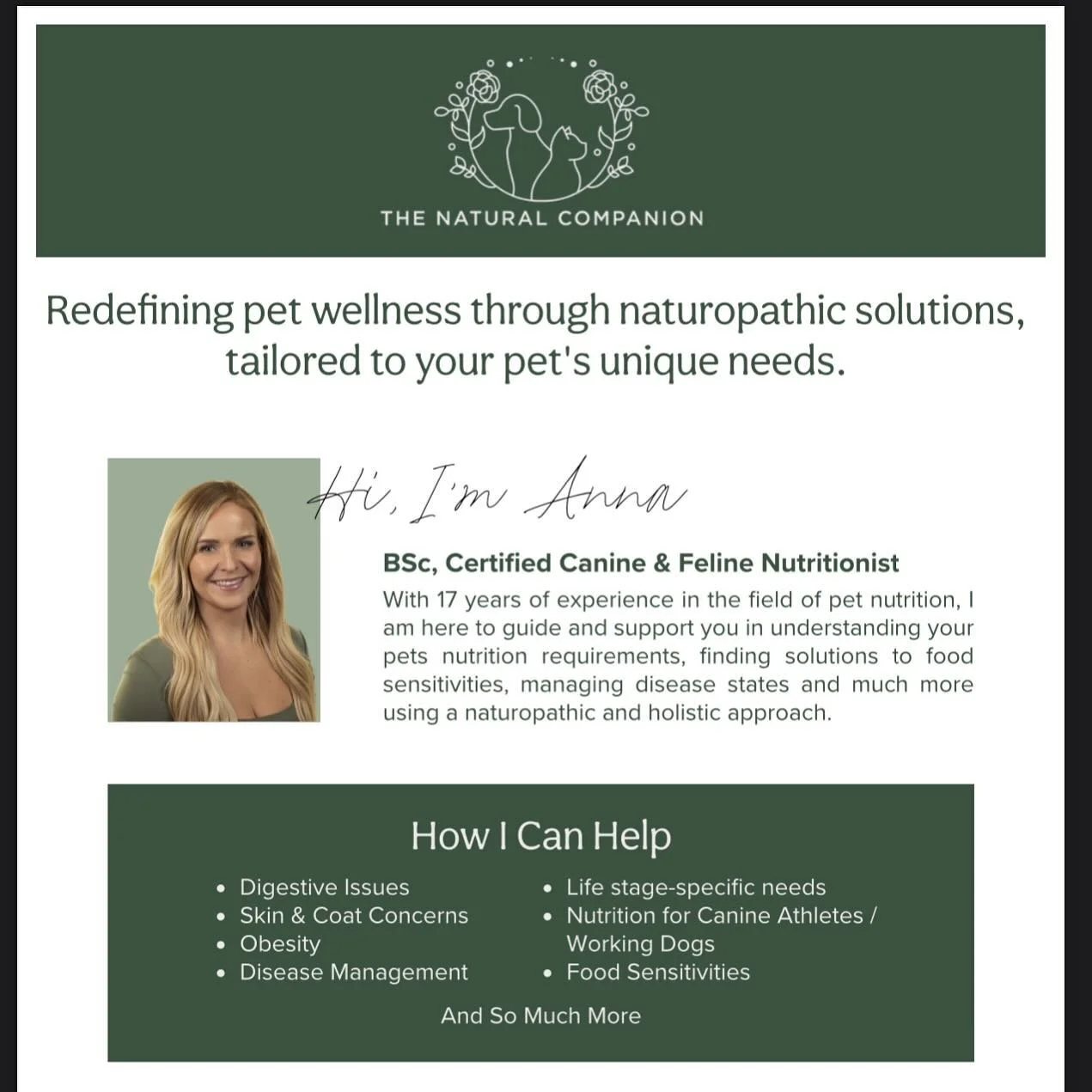 Hello!!! Welcome to the Natural Companion! I am SO excited to get to know you and your pets. I am a canine and feline nutritionist with 17 years of experience and a lifetime of passion. I feel beyond blessed to get to work with pet parents to help th