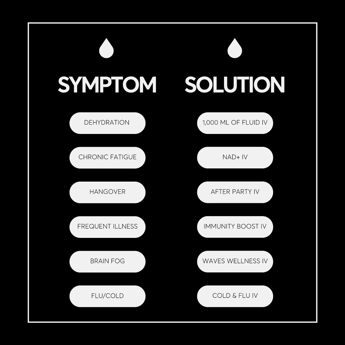You have a symptom, we have a solution! ✨🤝✨

Waves has you covered! 💉💧
Check us out at www.waveshydrationlounge.com