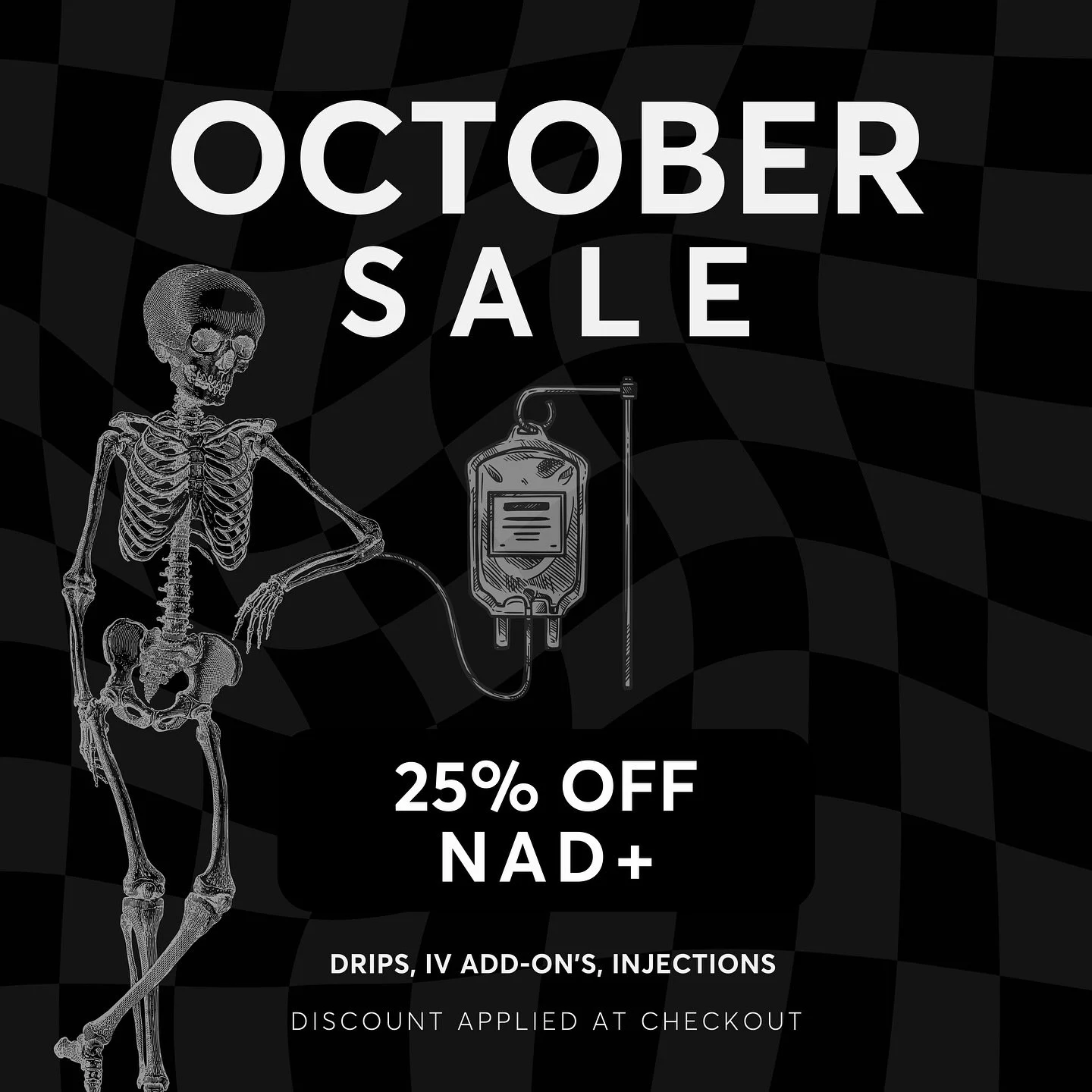 ✨🖤✨YOU DON&rsquo;T WANT TO MISS THIS ONE ✨🖤✨

Trick your fatigue&hellip; treat your cells!
October NAD+ infusion special&mdash; 25% off all NAD+!

If you&rsquo;ve been wanting to try NAD+, now is your time 🙌🏼

*Limited time only, discount applied