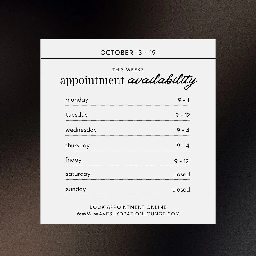 This week at Waves 💉✨

&mdash; Easy booking online, link in bio www.waveshydrationlounge.com
&mdash; Call/Text/DM 209-456-7998