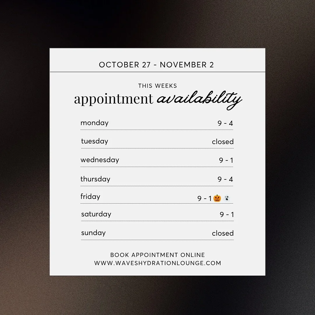This week at Waves 💉✨
— Easy booking online, link in bio www.waveshydrationlounge.com 💻 
— Call/Text/DM 209-456-7998 📲