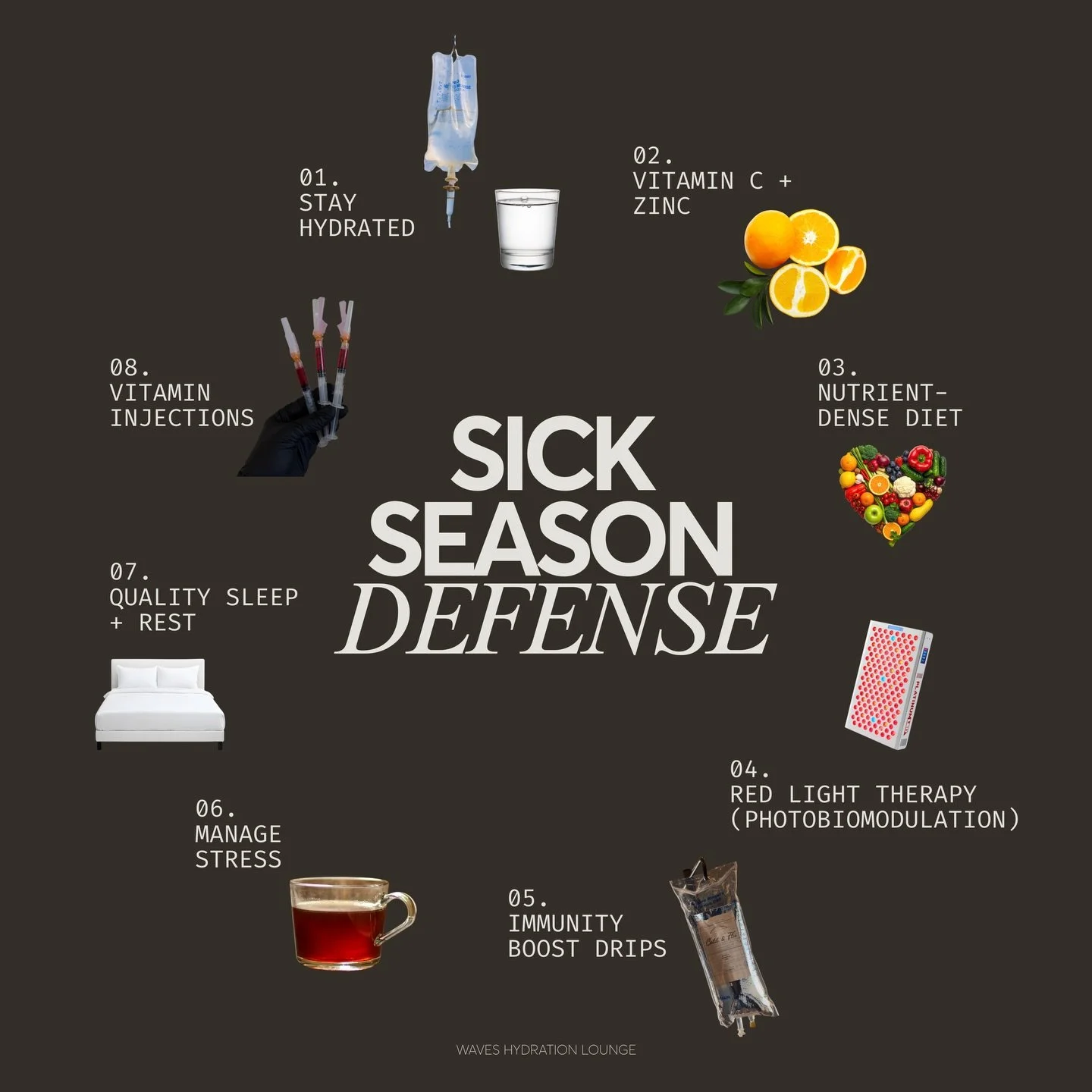 Your immune system is your first line of defense 🦠

Here&rsquo;s how to keep it strong this season: 
Hydration, nutrients, sleep, stress management, and our immunity-focused drips + injections can help support your wellness routine! 

PS: If you hap