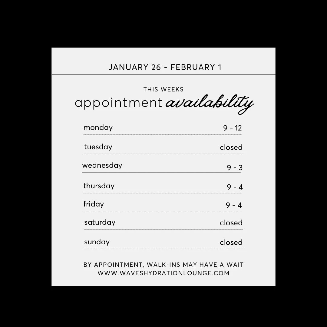 This week at Waves 💉✨
Your wellness, made easy.

Easy online booking &mdash; link in bio 💻

📞 Call | 💬 Text | 📩 DM
209-456-7998
info@waveshydrationlounge.com