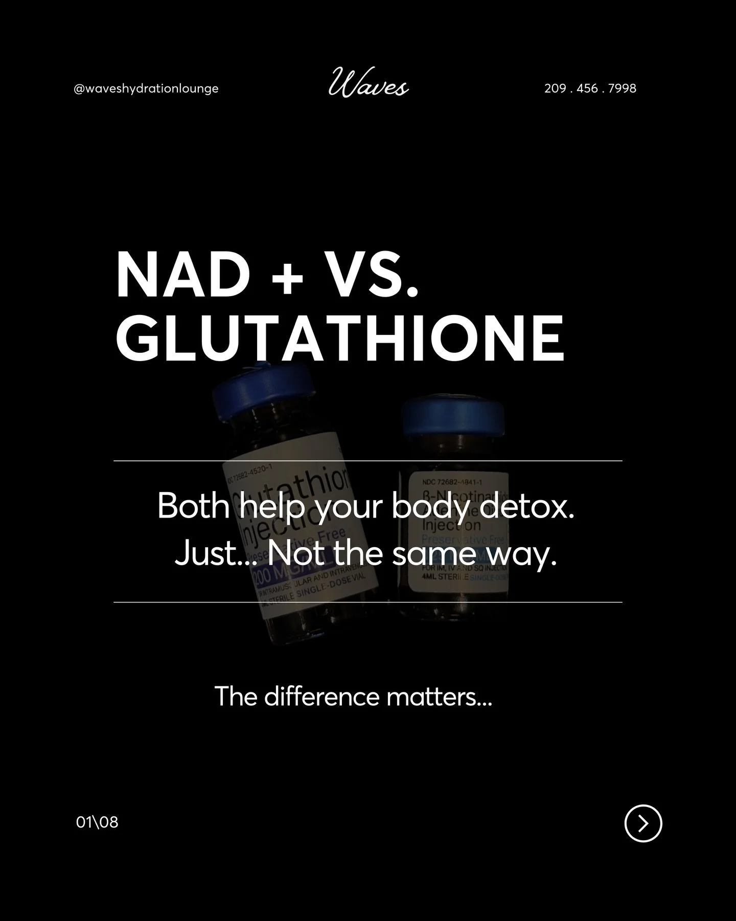 Glutathione detoxes by binding toxins.
NAD+ detoxes by strengthening the system that clears them.

Different tools. Same mission. ✨🧬✨

If you&rsquo;re investing in wellness, at Waves, we want you to understand what you&rsquo;re actually putting in y