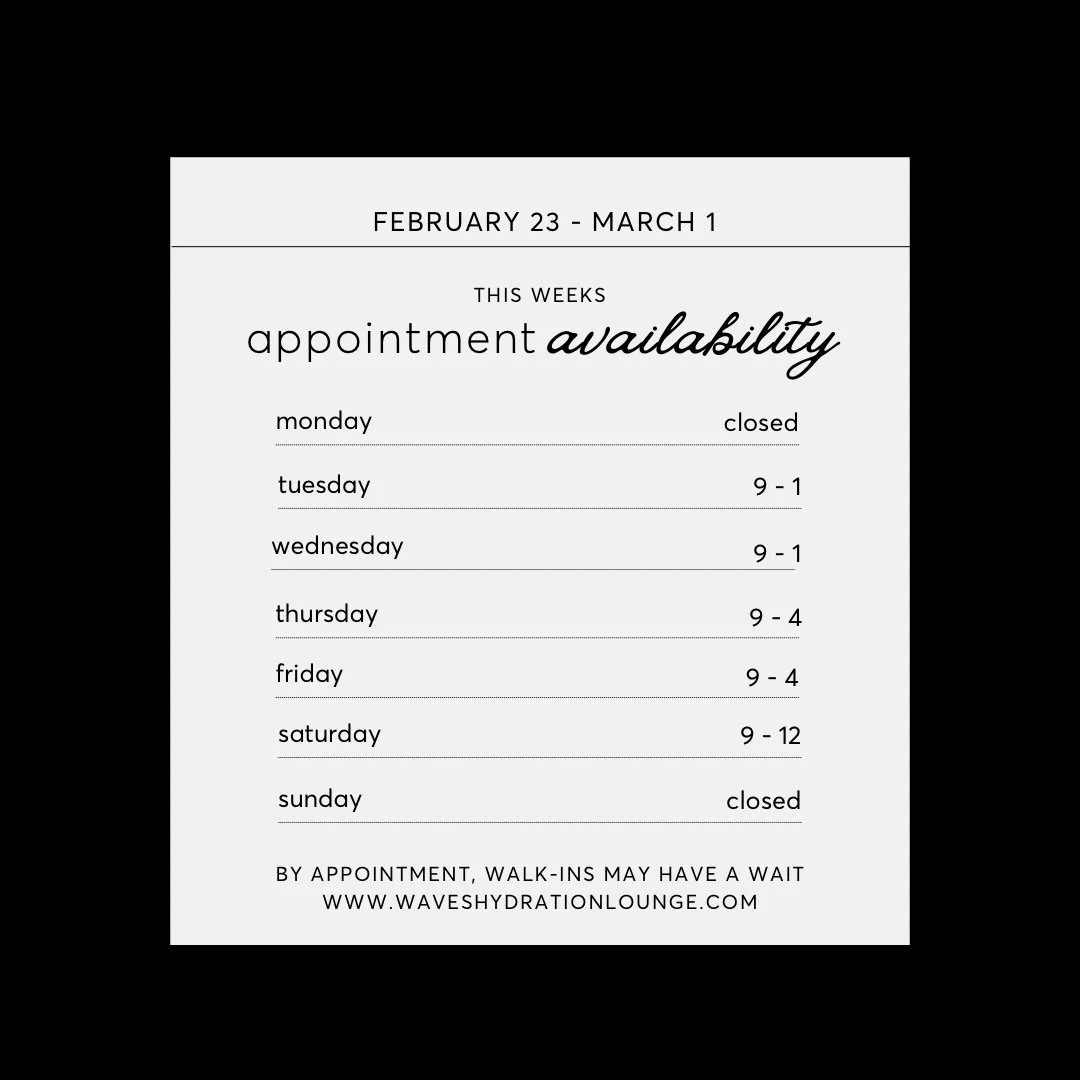 This week at Waves 💉✨
Your wellness, made easy.

Easy online booking &mdash; link in bio 💻

📞 Call | 💬 Text | 📩 DM
209-456-7998
info@waveshydrationlounge.com