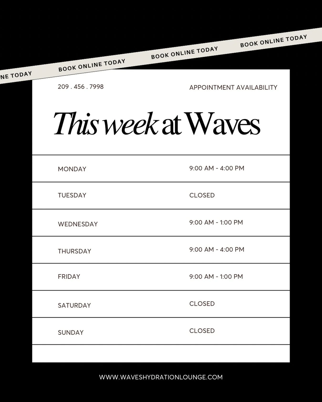 This week at Waves 💉✨
Your wellness, made easy.

Easy online booking &mdash; link in bio 💻

📞 Call | 💬 Text | 📩 DM
209-456-7998
info@waveshydrationlounge.com