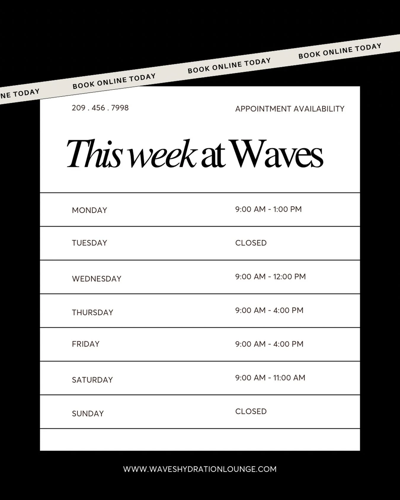 This week at Waves 💉✨
Your wellness, made easy.

Easy online booking &mdash; link in bio 💻

📞 Call | 💬 Text | 📩 DM
209-456-7998
info@waveshydrationlounge.com