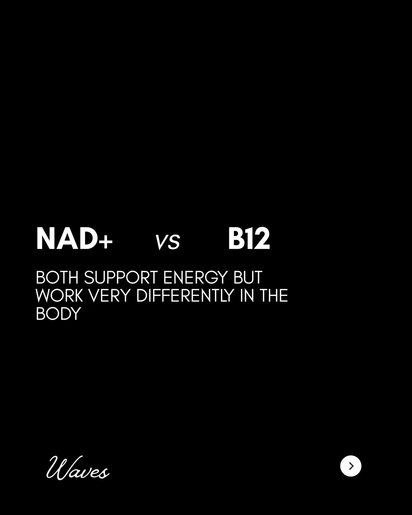 Not all energy is created equal.

B12 supports red blood cell production and oxygen delivery.
NAD⁺ works deeper. Fueling mitochondrial function, metabolism, and cellular repair.

B12 replenishes.
NAD+ restores.

Designed for deeper recovery, better f