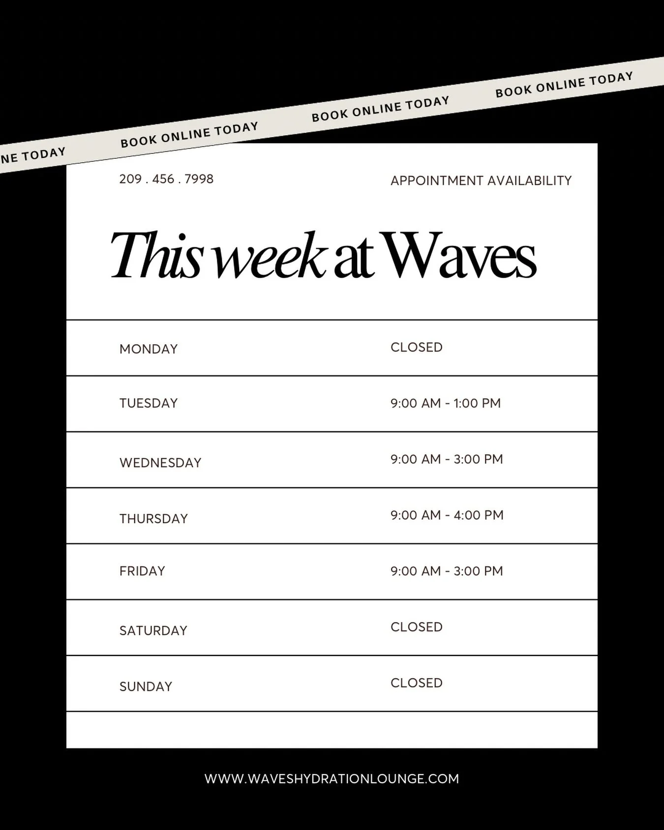 This week at Waves 💉✨
Your wellness, made easy.

Easy online booking &mdash; link in bio 💻

📞 Call | 💬 Text | 📩 DM
209-456-7998
info@waveshydrationlounge.com