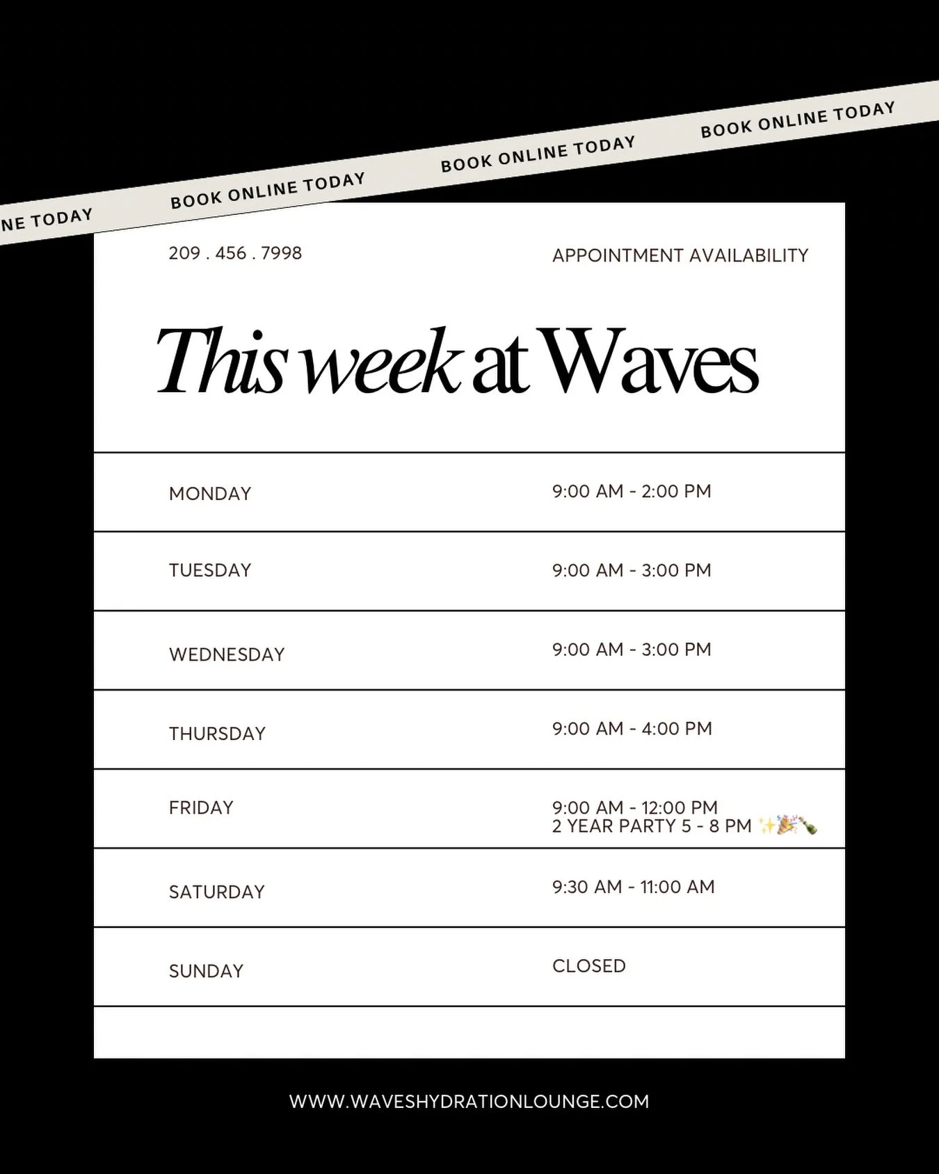 This week at Waves 💉✨
Your wellness, made easy.

✨ Celebrating 2 years this Friday &mdash; come hang with us!

Easy online booking &mdash; link in bio 💻

📞 Call | 💬 Text | 📩 DM
209-456-7998
info@waveshydrationlounge.com