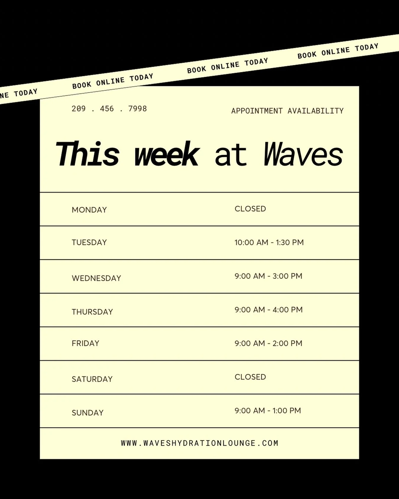 This week at Waves 💉✨
Your wellness, made easy.

☀️ Sunday Funday Hours Available! 👀 

Easy online booking &mdash; link in bio 💻

📞 Call | 💬 Text | 📩 DM
209-456-7998
info@waveshydrationlounge.com

Hydration &bull; Recovery &bull; Wellness