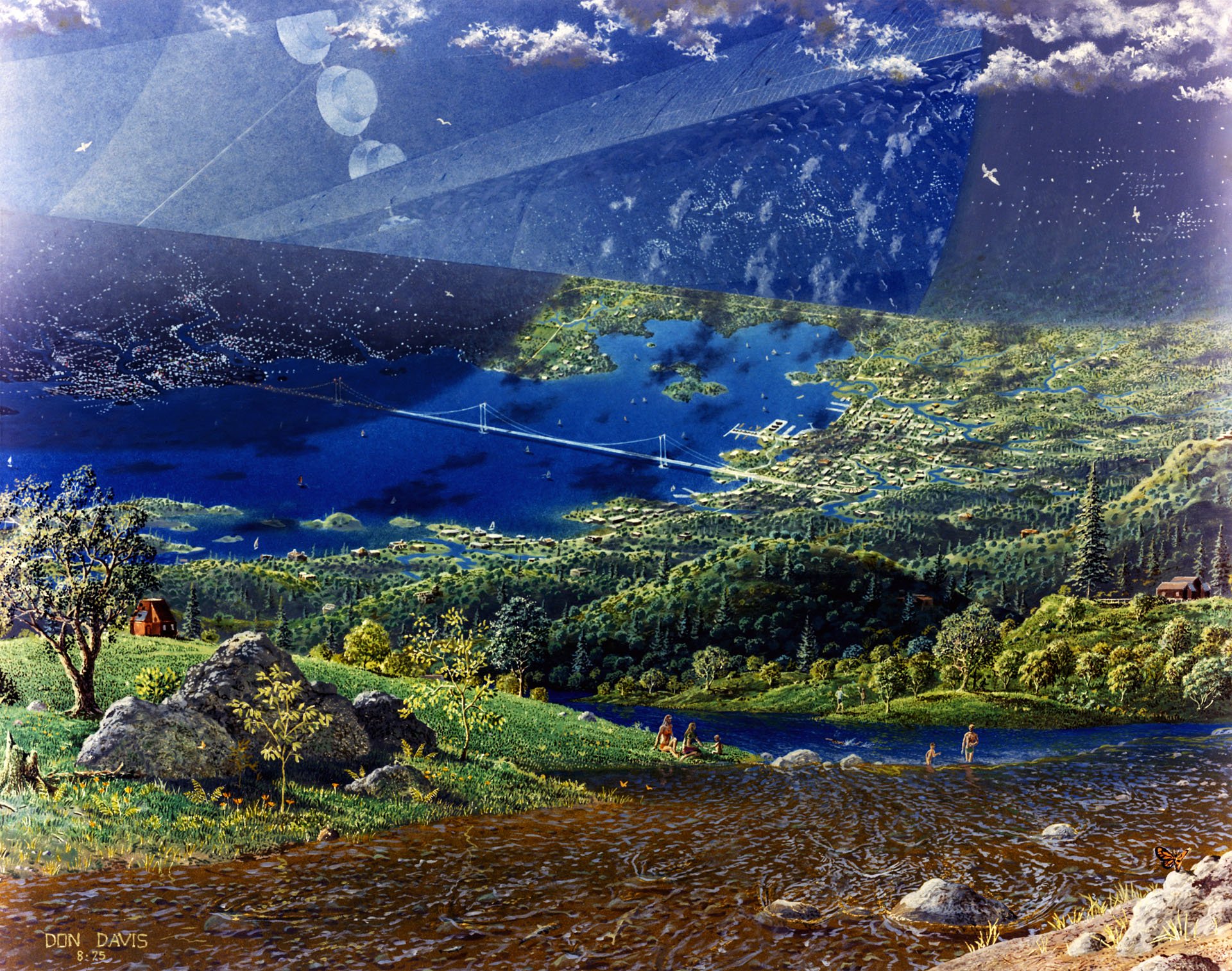 ESpace Colony Art from the 1970s. Endcap view with suspension bridge. Art work: Don Davis.
