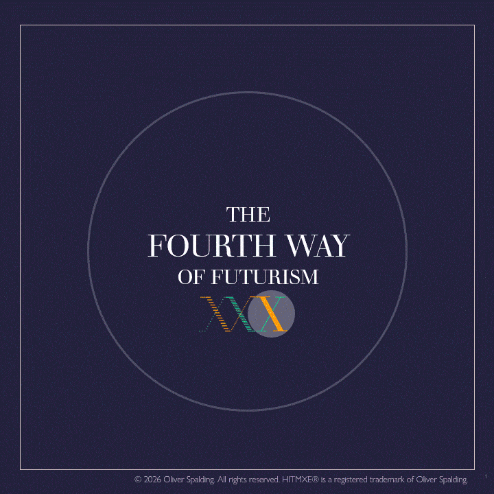Cover of a book titled "The Fourth Way of Futurism" with a dark background and colorful, stylized logo at the bottom.