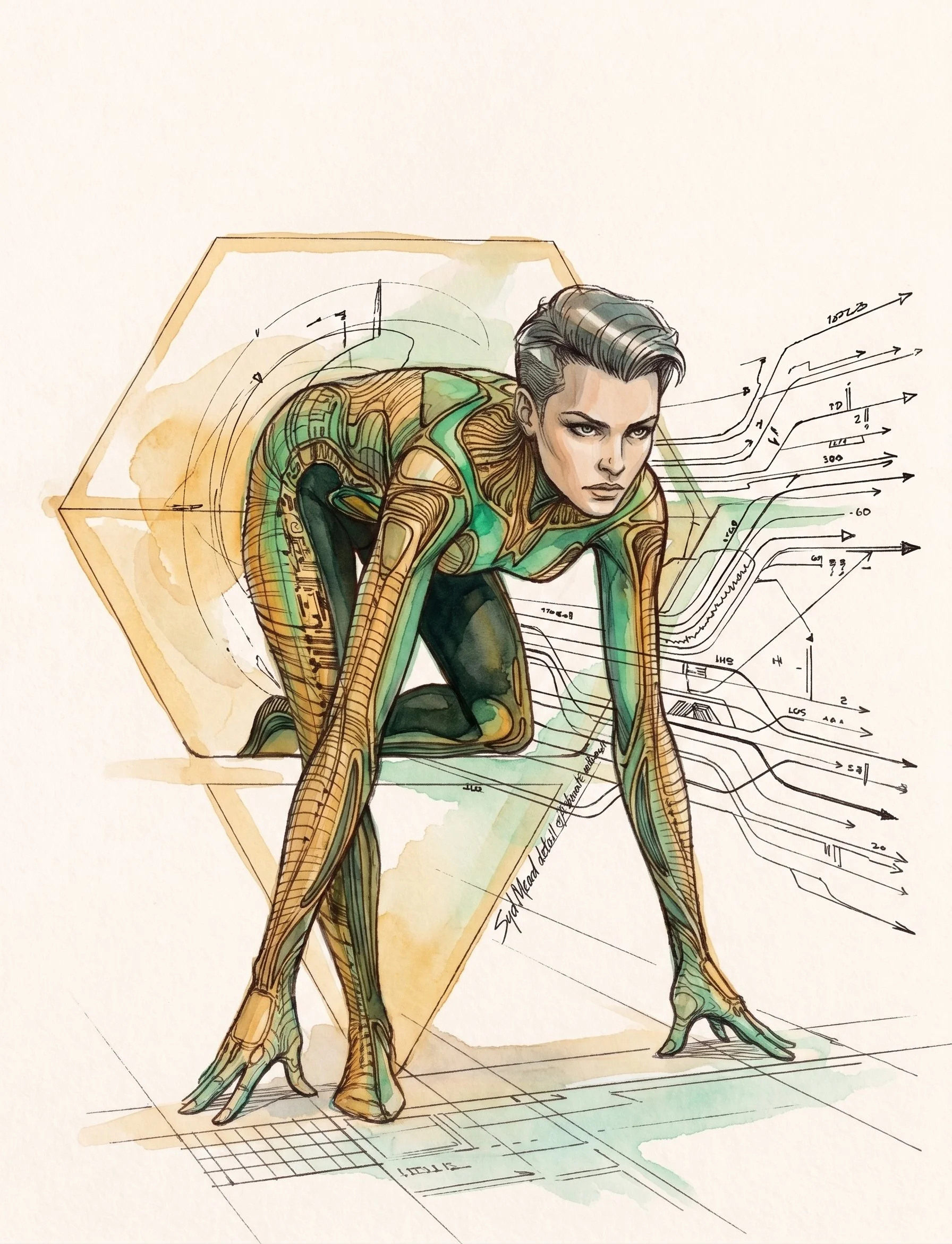 A futuristic digital rendering of a person running on a treadmill with holographic technological overlays highlighting muscles and joints in a modern gym.
