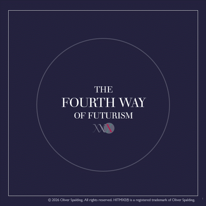 Cover slide with title 'The Fourth Way of Futurism' and a logo, dark background, and a thin white border.