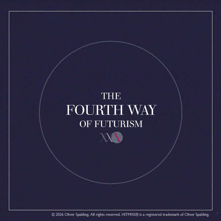 Book cover titled 'The Fourth Way of Futurism' with a dark blue background and minimalist design, including a circular outline and a small logo.