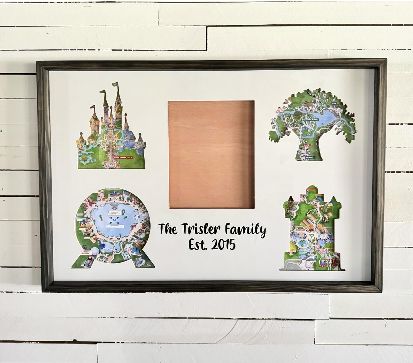 Product spotlight! 🌟Icon Frames🌟
.
These are our most popular item that started our business off back in 2020! 
.
These frames feature the icon from each Disney park with the perfect spot for the corresponding park map to be placed behind! This is 