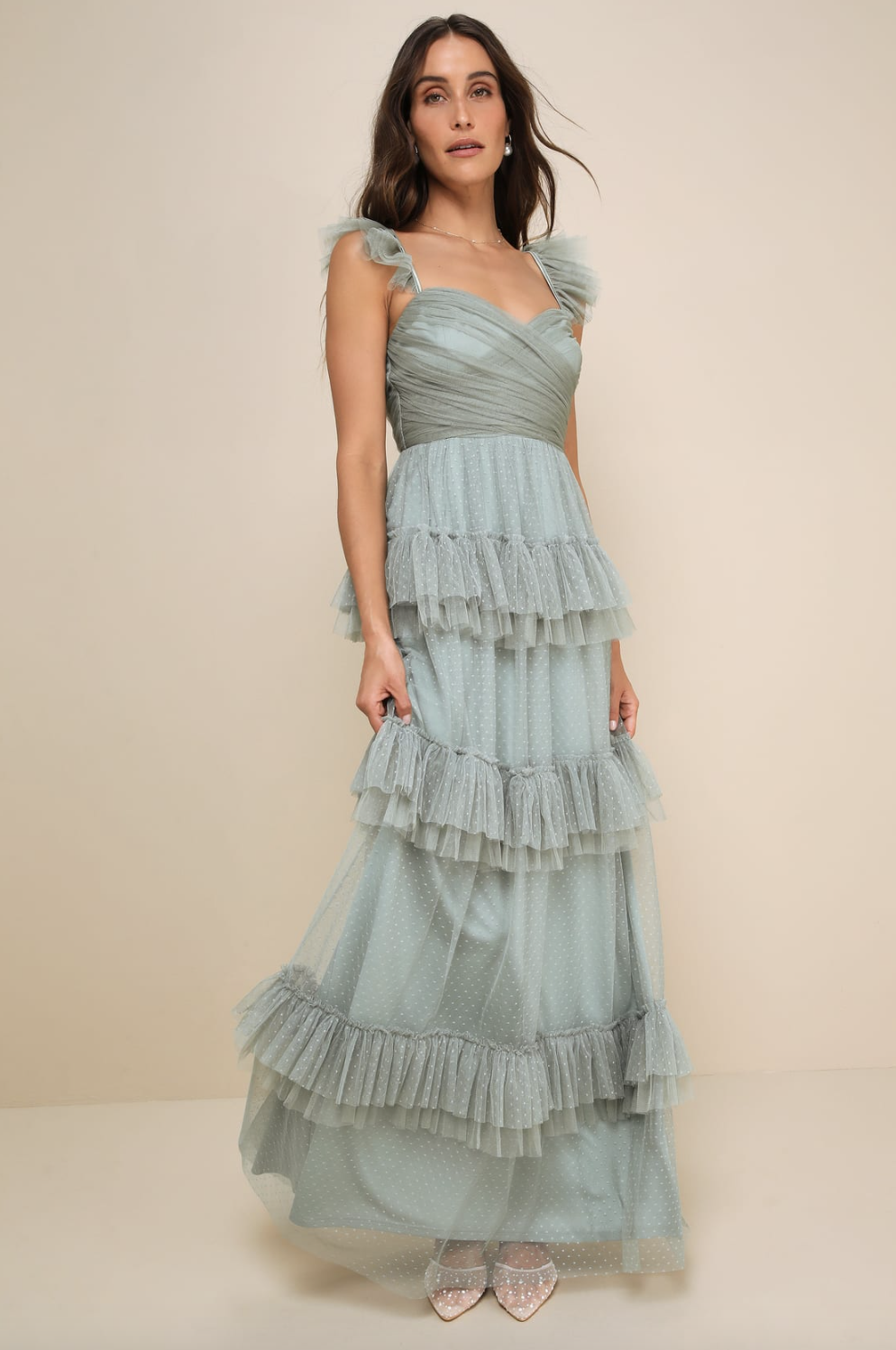 Lulus "Pure Radiance Sage Brush Mesh Swiss Dot Tiered Maxi Dress" - On Poshmark for $50