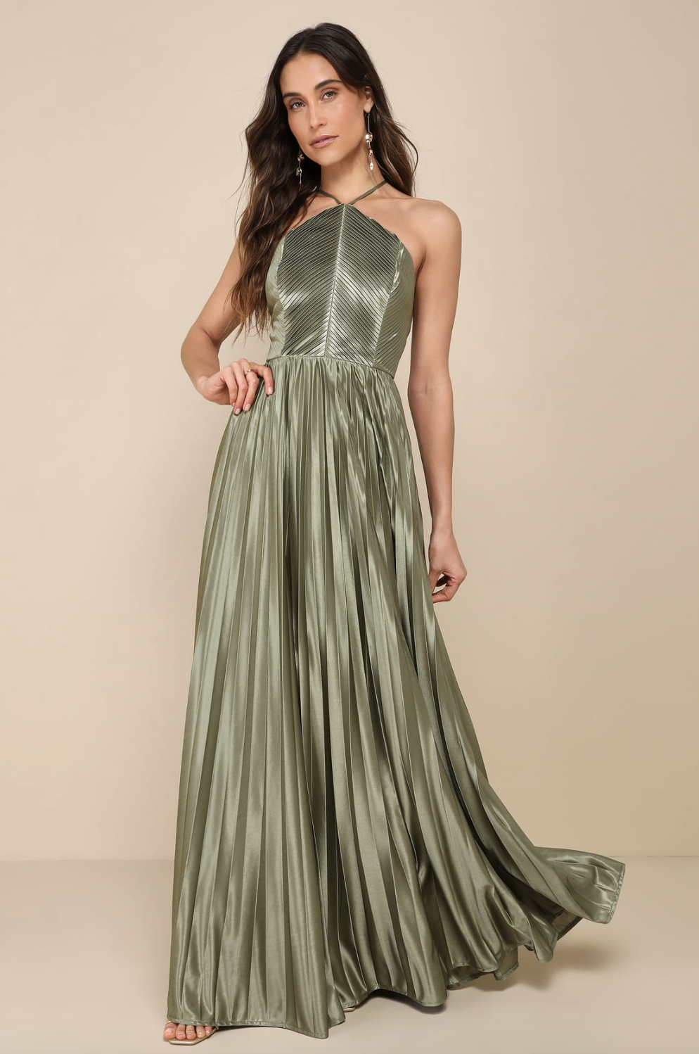 Lulus "Elaborate Charm Olive Green Satin Pleated Backless Maxi Dress" - On Poshmark for $40