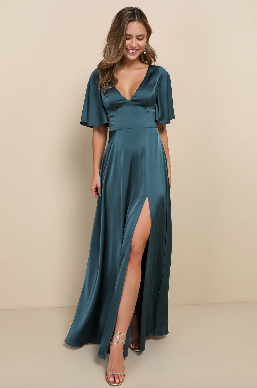 Lulus "Elegant Confidence Teal Satin Flutter Sleeve Cutout Maxi Dress"
- On Poshmark for $50