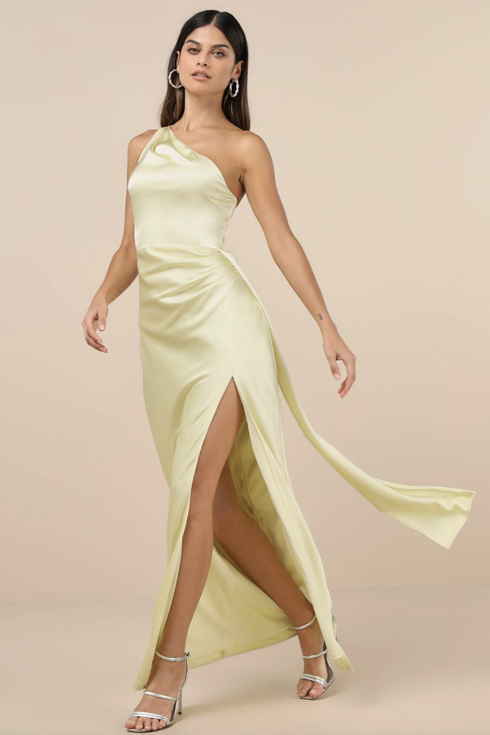 Lulus "Signature Elegance Pale Yellow Satin One-Shoulder Maxi Dress"
- Available on Poshmark for $65 (size small)