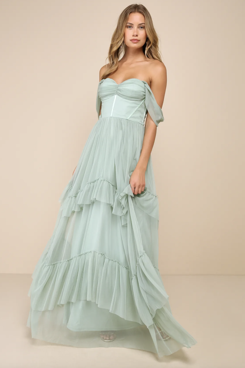 Lulus "Stunning Personality Sage Green Mesh Off-the-Shoulder Maxi Dress" - On Poshmark for $70