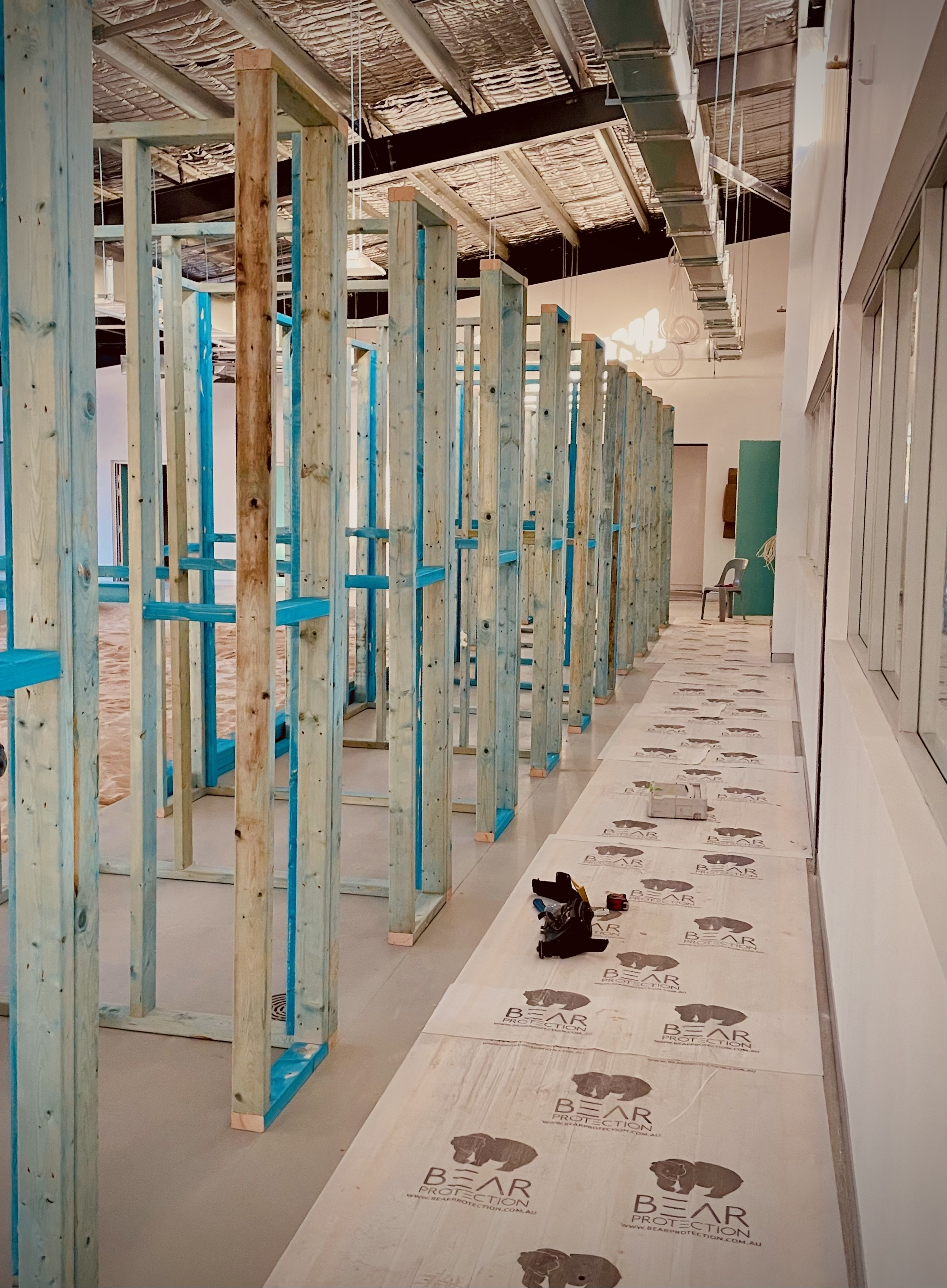 TAFE school frames for Apprentice Electricians being stood and ready for securing and bracing.