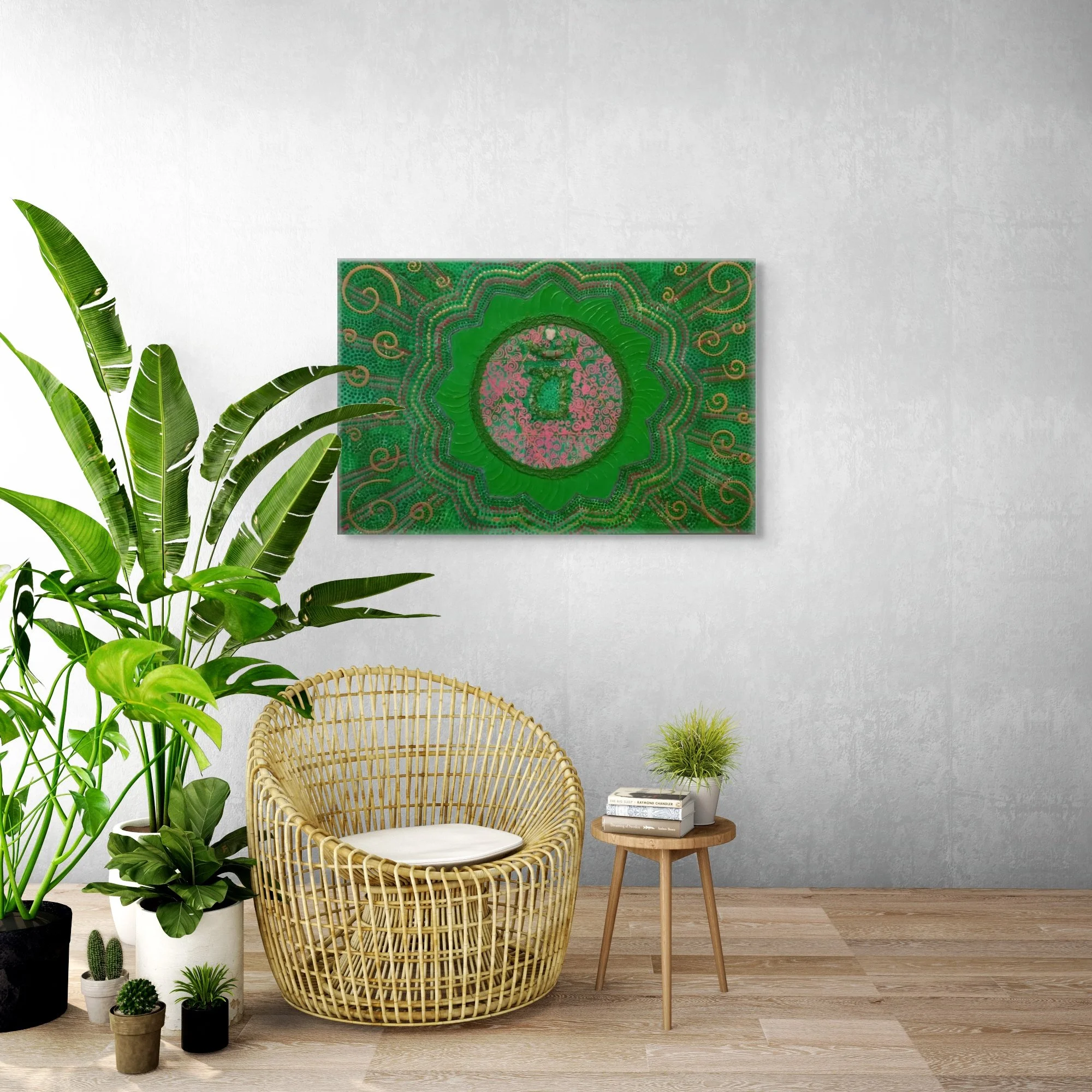 ayda-alp-artwork-heart-chakra-painting-with-rose-quartz-green-agate-jade-insitu-image