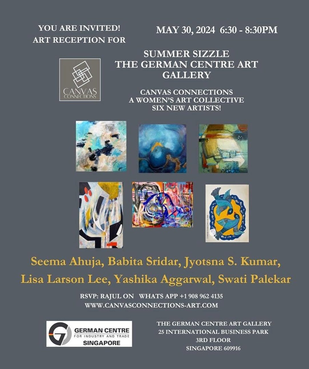 SAVE THE DATE ‼️ 

Come join us for the opening reception of Summer Sizzle .
🗓️ 30th May 2024
⏰ 6.30-8.30pm 
📍The German Centre Art Gallery, 25 International Business Park, 609916, Singapore

Artist lineup: 
@seemamixedmedia 
@babscreativeart 
@jo.