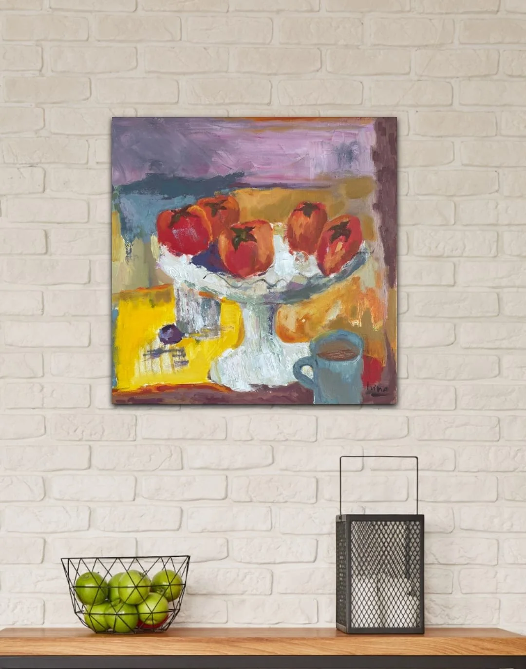 Canvas Connections artist Irina Forrester's artwork titled Persimmons in White Vase, insitu image